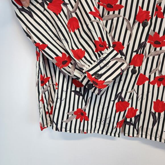 Vintage Alia Rose Print Career Blouse Size 14 Red Stripe Button Up Long Sleeve - Picture 7 of 14
